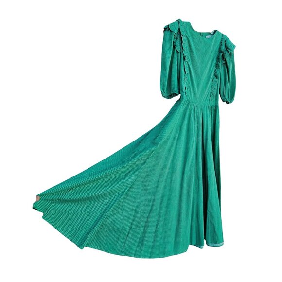 1980s Belle France Kelly Green Prairie Dress Cotton Ruffle Midi Union Label S - Picture 3 of 14